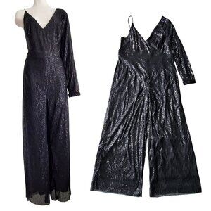 Plus Shein Mobwife Black Sequin One Arm Asymmetrical Cami Wide Leg Jumpsuit